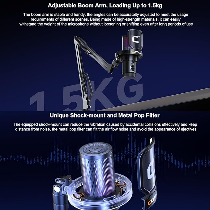COMICA Wireless USB Microphone for Computer and Smartphone,48kHz/24bit RGB Cardioid Condenser Gaming Mic for Podcasting,Streaming,Recording with Boom Arm Stand-Black (EJoy Uni Pro A)