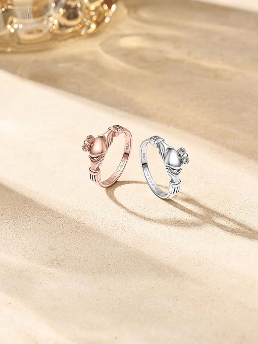 Bestyle 925 Sterling Silver Ring for Women, Minimalist Claddagh Ring Celtic Knot Ring for Women, Irish Promise Wedding Band, Gold/Rose Gold Vermeil Women Band Ring, Stackable, Gift for Her
