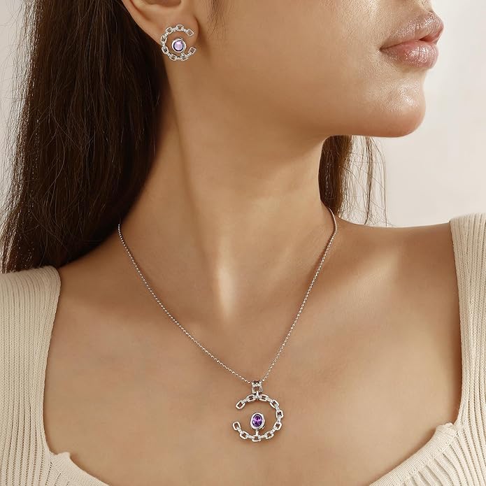 Elegant C-Shaped Crystal Necklaces/Stud Earrings Set with Birthstone Jewelry Set Silver Plated Fashion Jewelry for Women CS0003