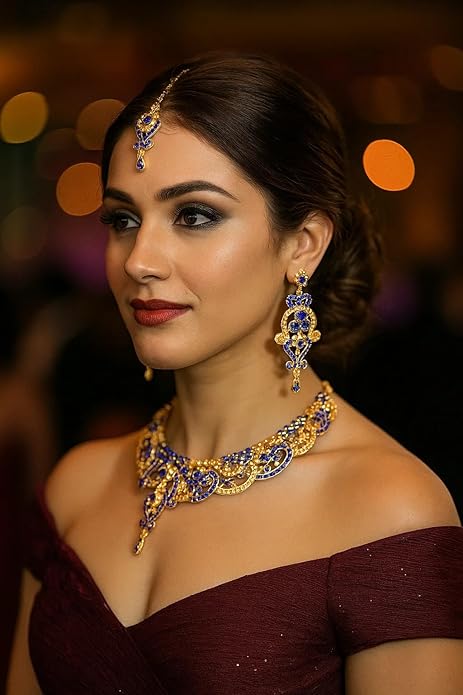Touchstone Indian jewelry set for women bollywood gold jewellery wedding outfits necklace sets earrings bridal maang tikka fancy costume girls big desi accessories rhinestone in gold or silver tone