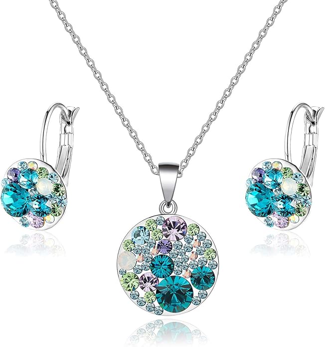 EVEVIC Austrian Crystals Round Disc Pendant Necklace Earrings for Women 14K Gold Plated Hypoallergenic Jewelry Sets