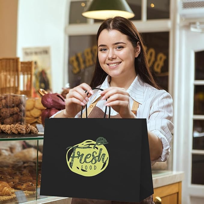 MESHA Gift Paper Bags 200 Pack 16X6X12 Black Large Shopping Kraft Bags Bulk with Handles Reusable for Business,Grocery,Birthday,Wedding,Kids Party,Favors