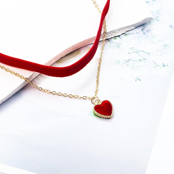 Heart Necklace Valentines Day Gifts for Her, Black Heart Choker Necklace Red Ribbon Choker Love Jewelry as New Year Gifts, Red Velvet Chocker Vintage Jewelry as Birthday Gift for Women