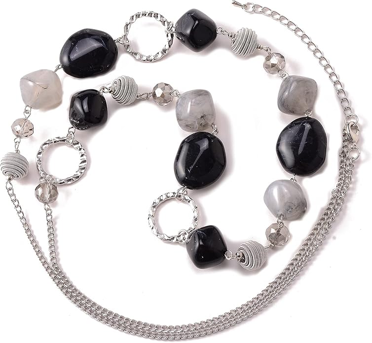 BULINLIN Beaded Long Necklace for Women Silver Sweater Chain Necklace with Crystal Resin Beads, Fashion Jewelry Necklace