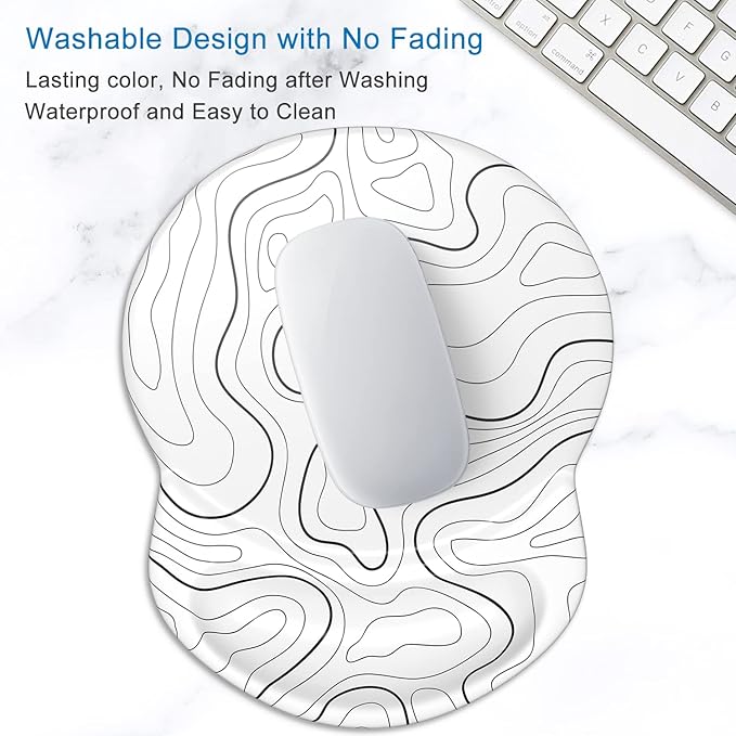 ITNRSIIET Ergonomic Mouse Pad with Gel Wrist Support Small Wrist Rest Smooth Surface Non-Slip PU Base Comfortable Office Supplies Pain Relief, 8.7 x 7.2 inches, Topographic Contour White