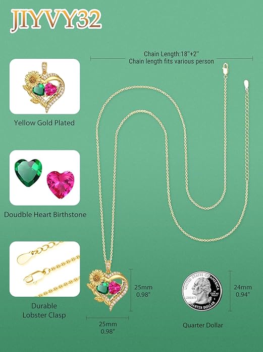 Sunflower Heart Necklace for Women 14K Gold Exquisite Valentines Day Anniversary Birthday Gifts for Wife Mother Her Double Birthstone Pendant Jewelry‘You Are My Sunshine’