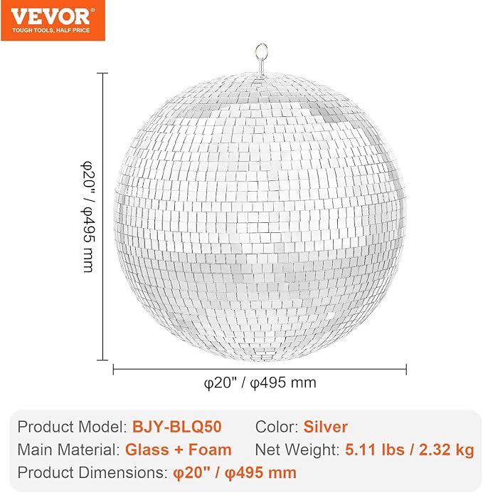 VEVOR Mirror Disco Ball, Large 20 Inch Party Mirror Ball with Hanging Ring, Lightning Disco Ball Party Decorations, Ideal for DJ Club, Stage, Wedding, Birthday, Christmas, New Years Celebration