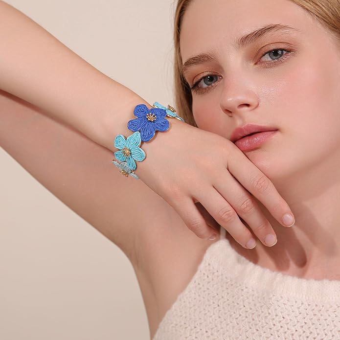 Raffia Flower Cuff Bracelet for Women, Floral Chunky Bangle Wide Open Cuff Statement Bracelet