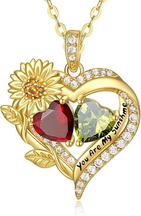 Sunflower Heart Necklace for Women 14K Gold Exquisite Valentines Day Anniversary Birthday Gifts for Wife Mother Her Double Birthstone Pendant Jewelry‘You Are My Sunshine’