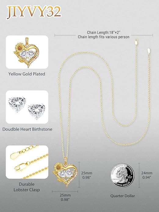 Sunflower Heart Necklace for Women 14K Gold Exquisite Valentines Day Anniversary Birthday Gifts for Wife Mother Her Double Birthstone Pendant Jewelry‘You Are My Sunshine’