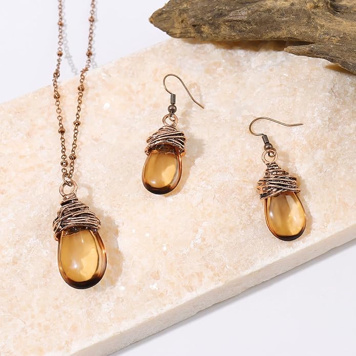 Coiris Brown Jewelry Set for Women Boho Water Drop Necklace and Earrings Set Bohemian Vintage Lantern Pendant Western Dangle Jewelry Gift for Her