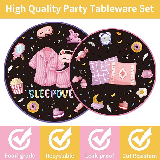 96PCS Sleepover Plates and Napkins Party Supplies Pajama Party Decorations Sleepover Party Supplies for Girls Slumber Themed Disposable Tableware Set Serve 24 Guests
