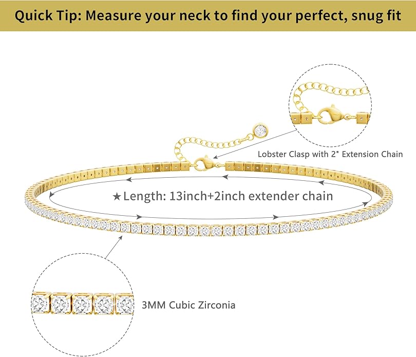Tennis Necklace for Women, 14K Gold/Silver Plated Rhinestone Choker Necklace for Women, Dainty Cubic Zirconia Cut Faux Diamond Chain