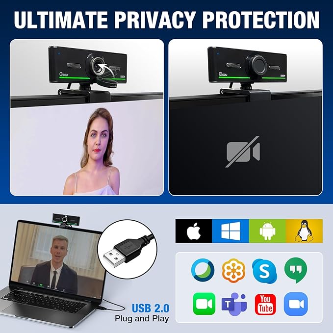 Webcam with Headset and Microphone, 1080P Webcam with Privacy Cover, Plug and Play Web Camera for Desktop Computer Zoom Meetings, Audio Bluetooth only for Headset