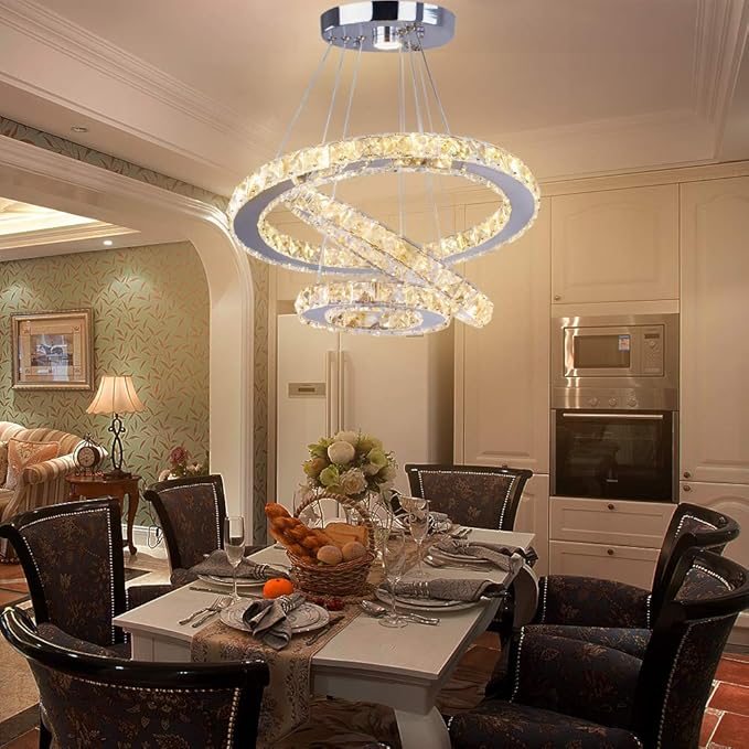 LED Chandeliers Modern Crystal 3 Rings Ceiling Lighting Fixture Adjustable Stainless Steel Pendant Light for Bedroom Living Room Dining Room(Warm White)
