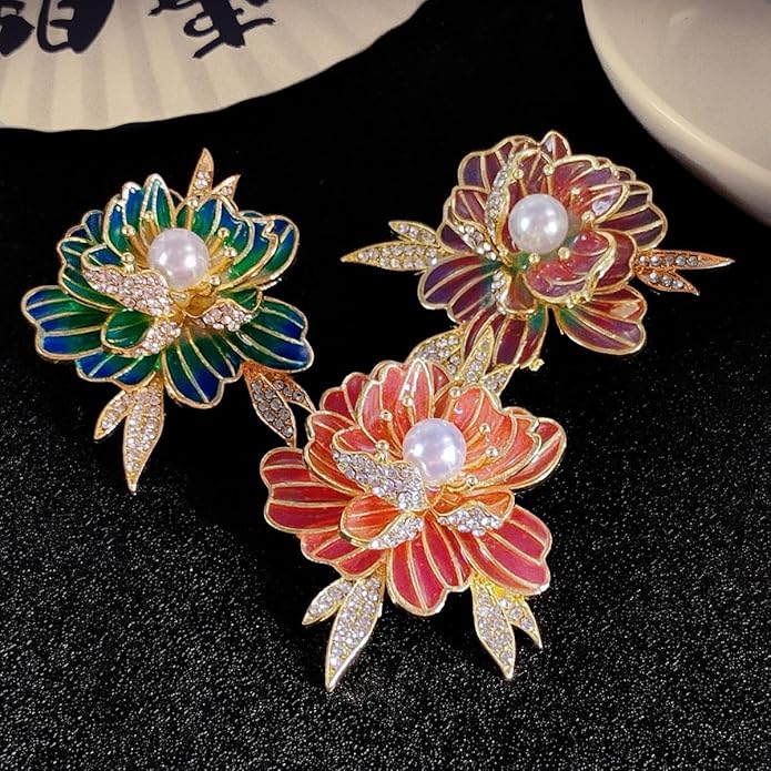 3Pcs Peony Flower Brooch Pin for Women Elegant Enamel Floral Brooch Set Dainty Cubic Zircon Pearl Lapel Pins Flower Pins for Clothes Hat Dress Accessories Prom Jewelry