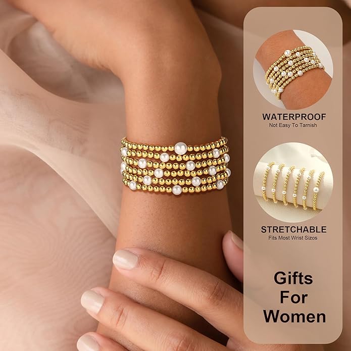 Gold Bead Bracelets for Women Girls - 14K Gold Plated Dainty Round Bead Ball Pearl Cross Bracelet Stack for Women Teenage Girls Stackable Jewelry Christmas Gifts