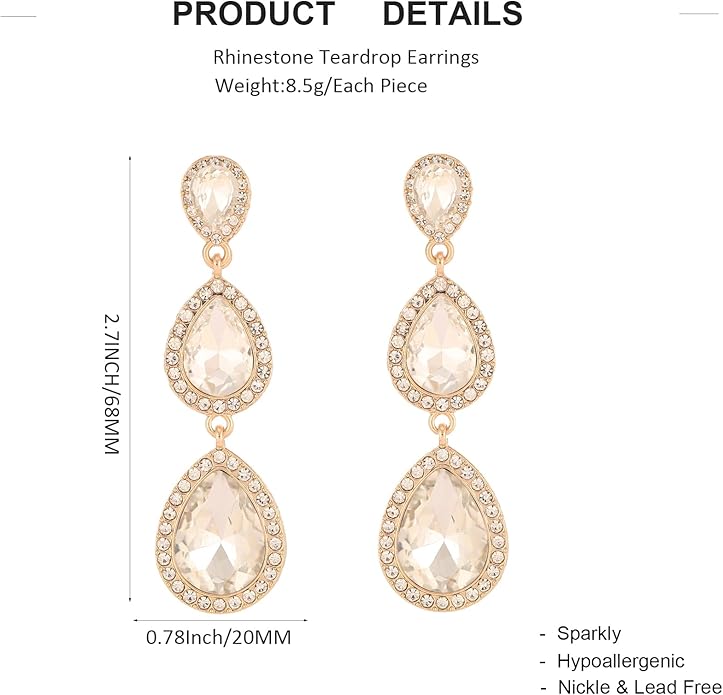 Vintage Rhinestone Teardrop Dangle Earrings Long Dangling Drop Earrings Crystal Chandelier Earrings for Women Wedding Bridal Prom