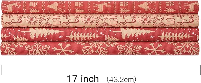 RUSPEPA Christmas Kraft Wrapping Paper Roll - Red Reindeer, Snowflake, Christmas Tree and Text Design - 17 inches x 10 feet per Roll, Total of 4 Rolls