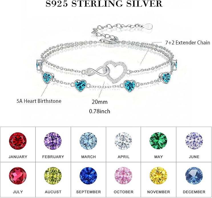 Prismata Infinity Birthstone Charm Link Bracelet 925 Sterling Silver Adjustable 12 Months Birthstone Infinity Bracelet Birthday Jewelry Gifts for Women Mom Her,with 7"+2" chain
