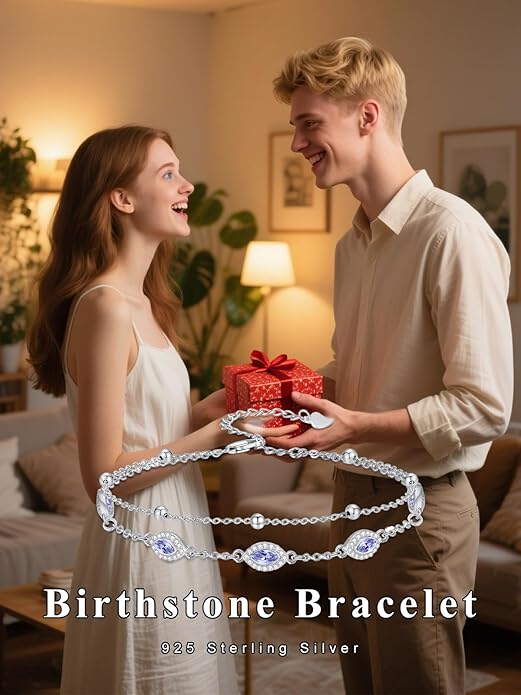 Evil Eye Birthstone Charm Link Bracelet 925 Sterling Silver Evil Eye Bracelet with 12 Months Birthstone Birthday Jewelry Gifts for Women Mom Her,Chain Length 7"+2" Extend