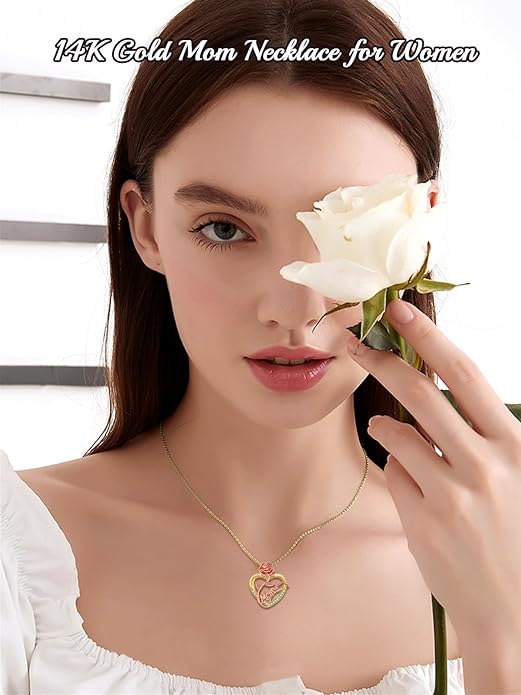 14K Solid Gold Rose Flower/Sunflower Necklaces for Women Flower Heart Pendant Necklace Love Sunshine Jewelry Anniversary Valentine's Day Birthday GiftS for Women Wife Girlfriend Her Mom