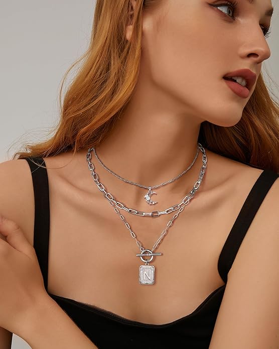 MJartoria Layered Initial Necklaces for Women Trendy, 14K Gold Plated Brass Simple Moon Choker Square Letter Pendant Necklace, Paperclip Chain Necklaces Jewelry Gifts