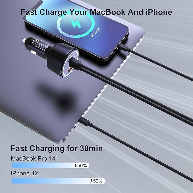 205W USB C Car Charger, 3-Ports PD3.1/PPS/QC3.0 Fast Charging Type C Cigarette Lighter Adapter for MacBook Pro Laptop, iPhone 16/15/14/13/12, Galaxy S24/S23 Ultra etc