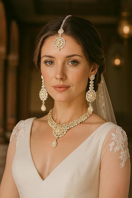 Touchstone Indian jewelry sets for women gold wedding tikka necklace set guest costume fancy bridal jewellery rhinestone crystal elegant formal prom evening wear dainty accessories