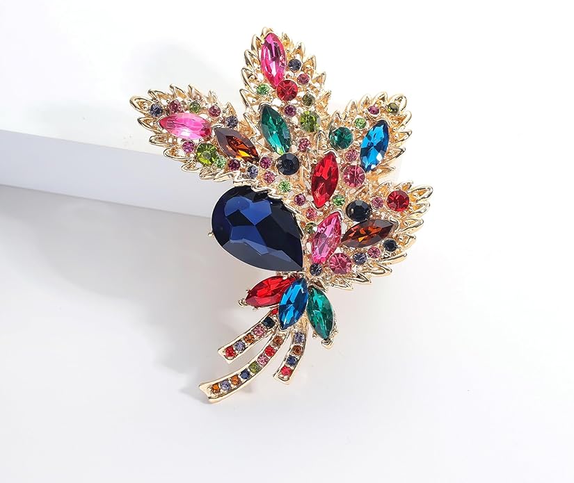 YOQUCOL Big Large Brooch Pin Austrian Crystal Leaf Shape Bouquet Rhinestone Scarf Decoration Wreath Cloth Brooches Pins For Women Girls