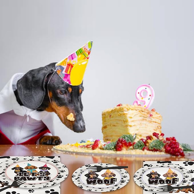 96PCS Dog Plates and Napkins Party Supplies Dachshund Birthday Party Decorations Weiner Dog Decor Lets Pawty Dog Themed Disposable Tableware Set Serve 24 Guests