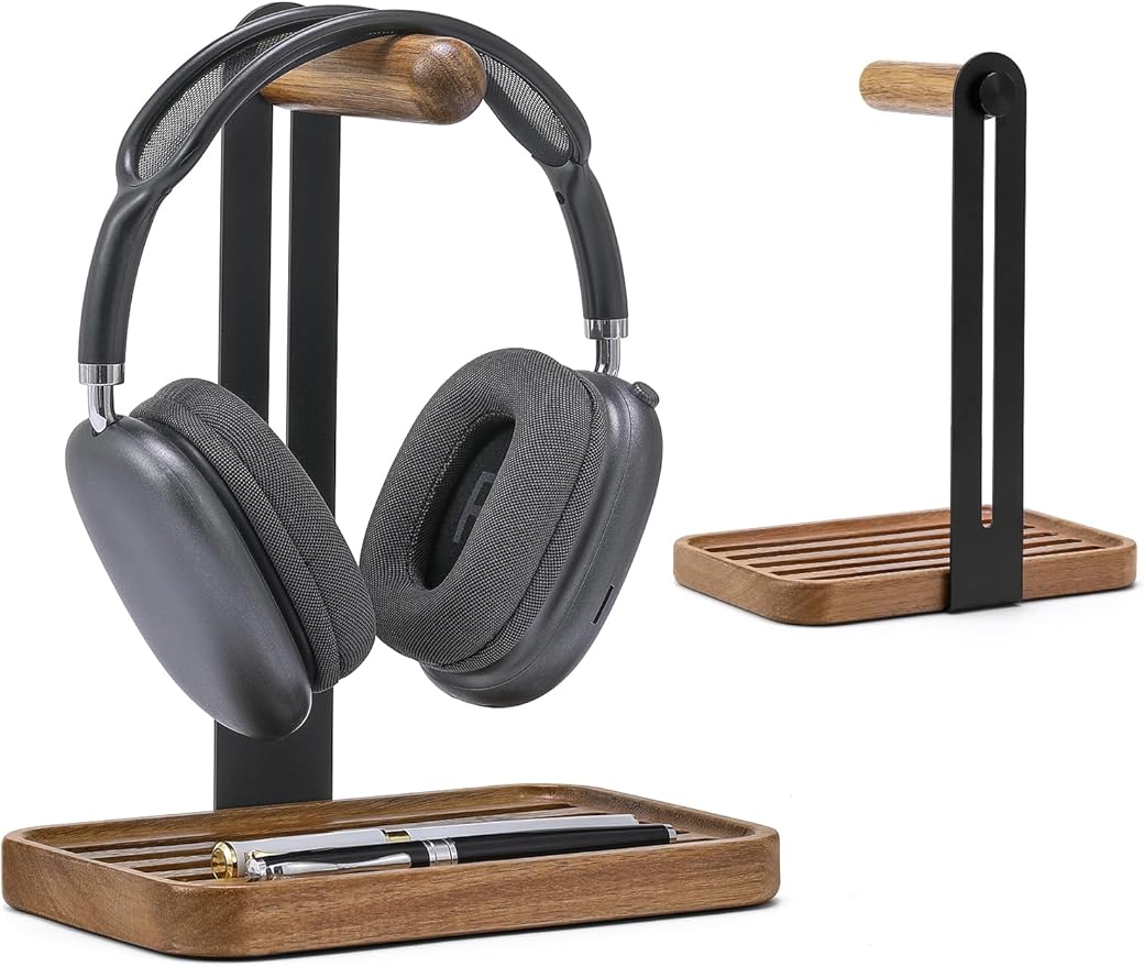 Headphone Holder For Desk,Desk Headphone Mount Rack,Headphone Stand With Storage Base,Accessories Managment,Solid Wood,Matte Black