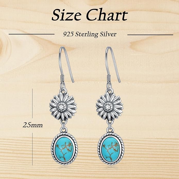 Natural Turquoise Sunflower Earrings 925 Sterling Silver Hook Western Earrings for Women You are my Sunshine Vintage Boho Jewelry Gifts for Her