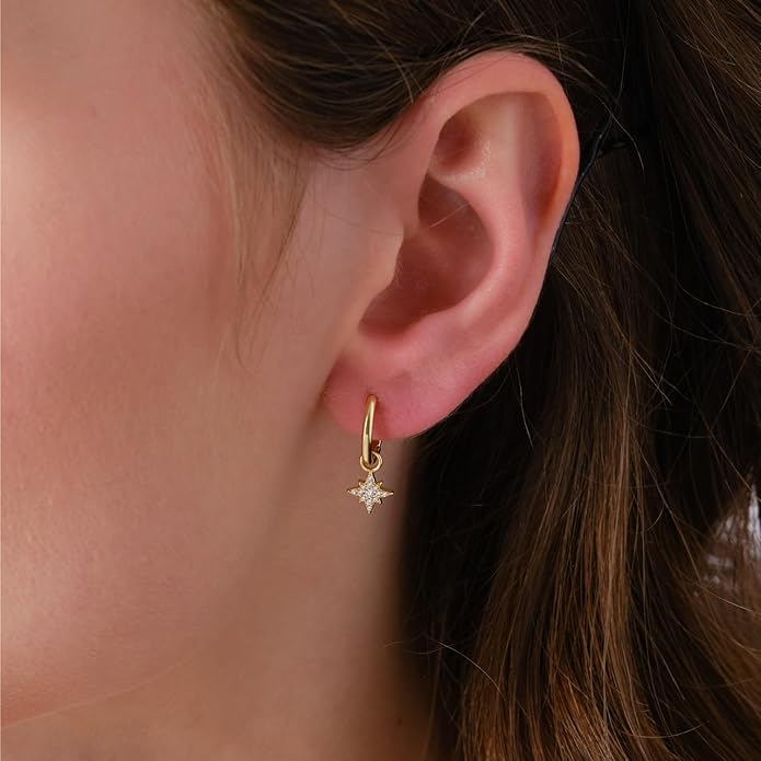 14K Yellow Gold Vermeil Earrings for Women, Hypoallergenic 925 Sterling Silver Minimalist Dainty Jewelry, CZ Accent Stud Hoop & Dangle Earrings, Gift for Her