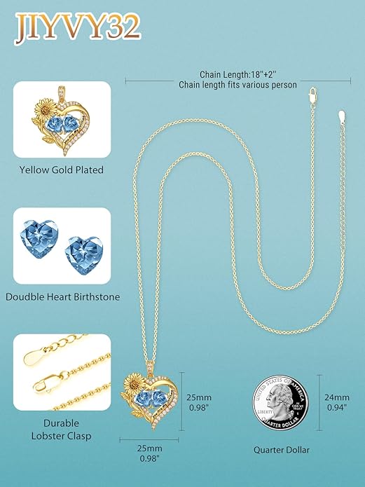 Sunflower Heart Necklace for Women 14K Gold Exquisite Valentines Day Anniversary Birthday Gifts for Wife Mother Her Double Birthstone Pendant Jewelry‘You Are My Sunshine’
