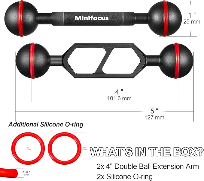 MINIFOCUS 4" Double Ball Aluminum Extension Arm, 1" Ball Head Connector Underwater CNC Arm System Ball Head Extension for Strobe/Video Light/Diving Camera Tray, Waterproof and Rustproof (2pack)