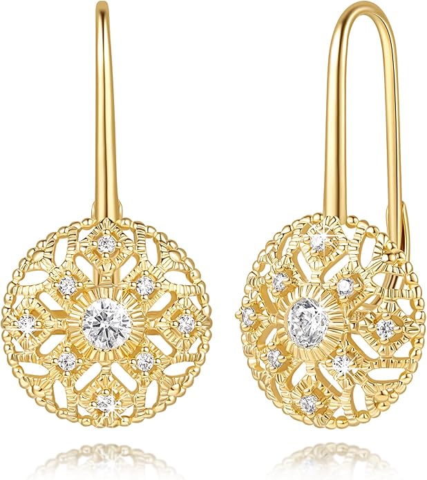 Eloqueen 14K Gold Drop Earrings Dangle Earrings for Women Leverback Dangle with Cubic Zirconia with Engraved Details 14K Gold Earring for Women 14/16mm