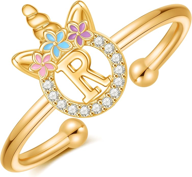 Unicorn Rings Gifts for Girls - Adjustable Initial Ring Dainty Cute Unicorn Rings for Girl Teens Little Girls Jewelry Birthday Gift