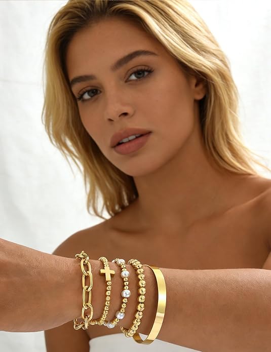 Valentines Day Gifts for Her Teen Wife Gold Beaded Bracelets for Women, 5 Pcs Dainty 14K Gold Plated Chunky Stretch Bead Ball Bracelet Stack