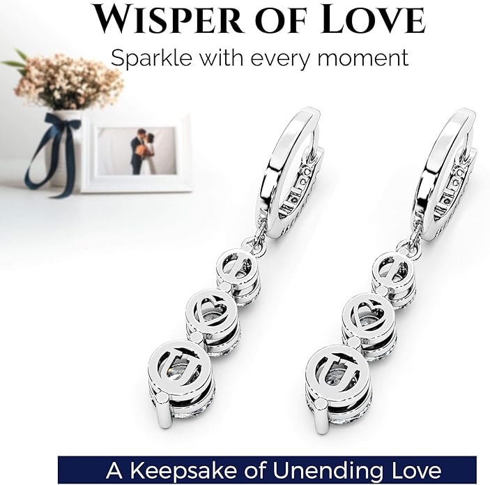 Moissanite Three-stone Diamond Drop Earrings for Women S925 Rodium Vermeil Sterling Silver Trilogy Dangle for Wife Girlfriend Mom Gifts for Her Daughter on Birthday Wedding Anniversary