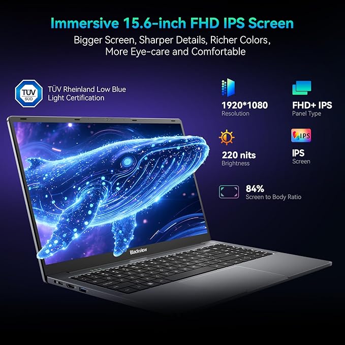 Blackview Laptop 2025, Laptops Computer for Business Student, Quad-Core N150 (Up to 3.6GHz, Beat N5095/ N95/N97/N100), 16GB DDR4 512GB SSD, 15.6” FHD IPS TÜV Screen, 100W Type-C Fast Charge, 4K HDMI