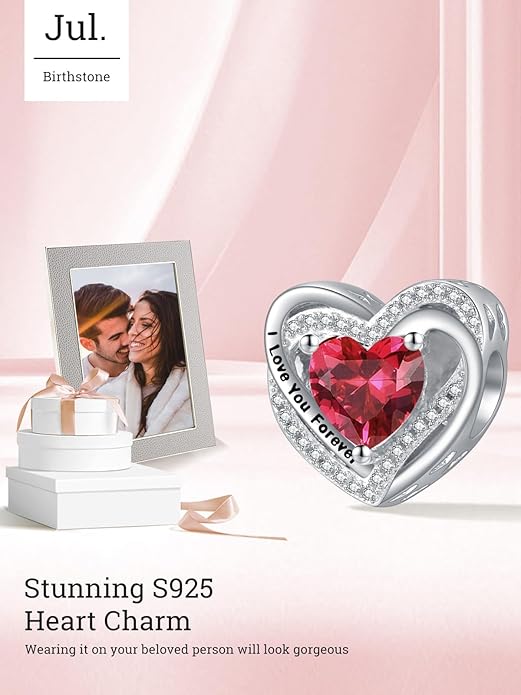 Heart Birthstone Charms for Bracelets, 925 Sterling Silver Women Bead Charms for Charm Bracelets Necklace, Mother's Day Birthday Anniversary Jewelry Gifts for Wife Mom Grandma Daughter