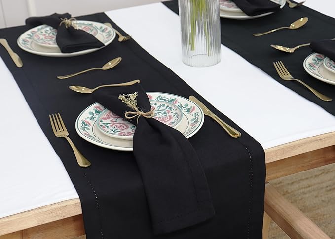PurpleEssences Set of 12 Hemstitch Cloth Dinner Napkins 100% Cotton - Soft Durable Washable - Ideal for Wedding Christmas Holiday Winter - Perfect Everyday Use Table Linen 18x18 - Black