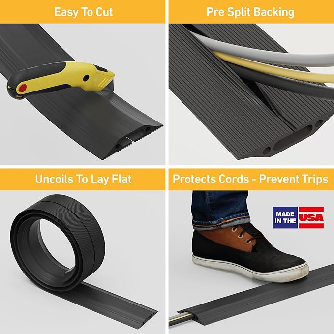 D-Line 6ft Floor Cord Cover, Made in USA Linkable Cable Protector, Hide Extension Cords, Protect Cords, Prevent Cable Trips, Cord Hider, Heavy Duty - Cord Cavity = 1.18" (W) x 0.39" (H) - Black