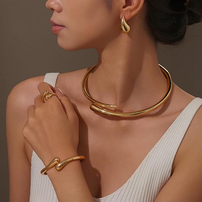 4 Pcs Statement Jewelry Set for Women – 18K Gold Plated Teardrop Necklace, Gold Drop Earrings, Bold Rings & Cuff Bracelets, Elegant Jewelry Gifts for Women