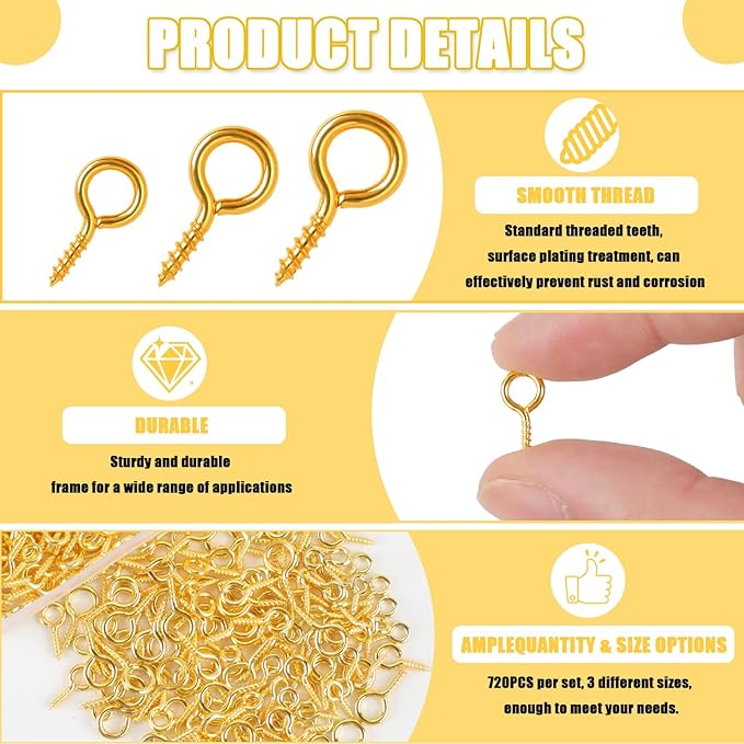 720PCS Small Screw Eye Pins, 3 Styles of Mini Eye Screws, Eyelet Pins Hooks for DIY Crafts, Art Projects, Tiaras and Jewelry Making - Gold