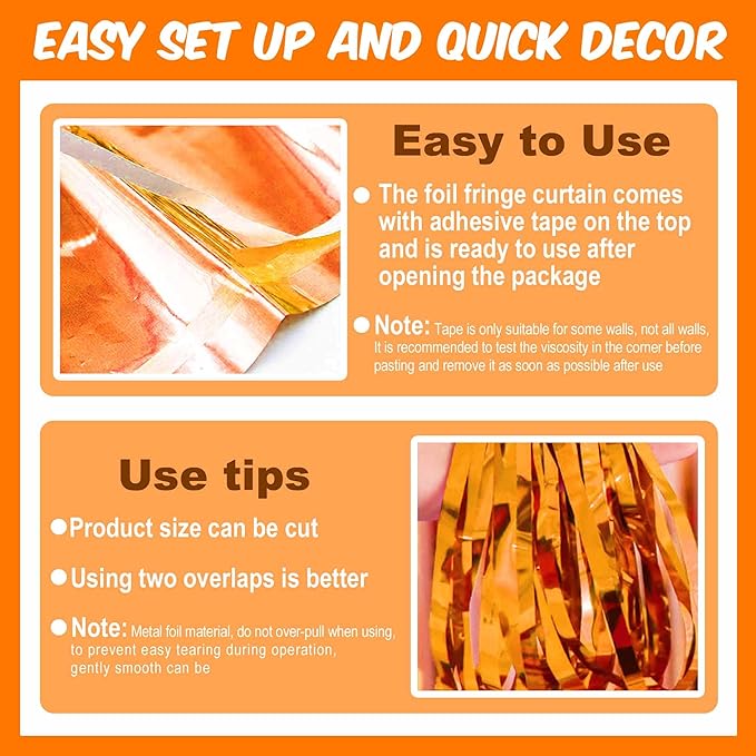 3 Pack Orange Foil Fringe Curtains Backdrop, 3.28 x 8.2 Ft Metallic Streamers Tinsel Curtains Background for Photo Booth, Birthday, Halloween, Christmas, Thanksgiving, New Year Party Decorations