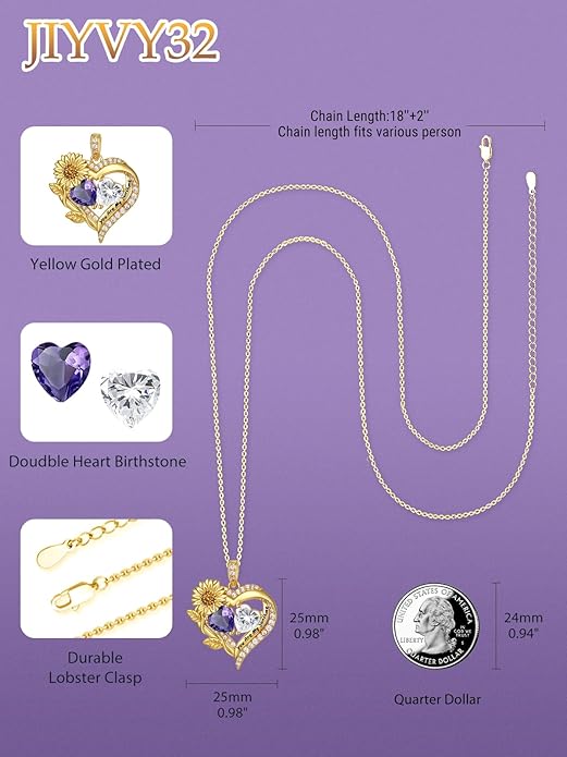 Sunflower Heart Necklace for Women 14K Gold Exquisite Valentines Day Anniversary Birthday Gifts for Wife Mother Her Double Birthstone Pendant Jewelry‘You Are My Sunshine’