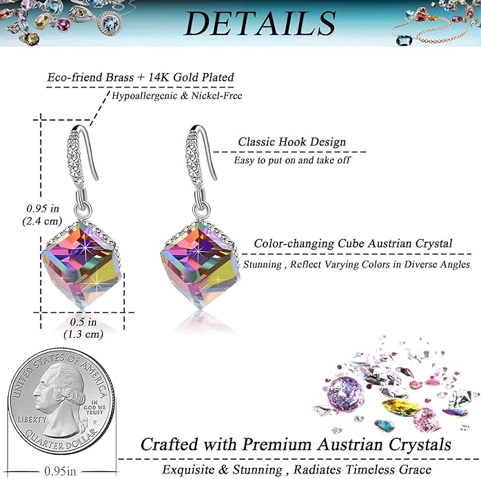 Austrian Crystal Cube Drop Dangle Earrings for Women 14K Gold Plated Hypoallergenic Jewelry