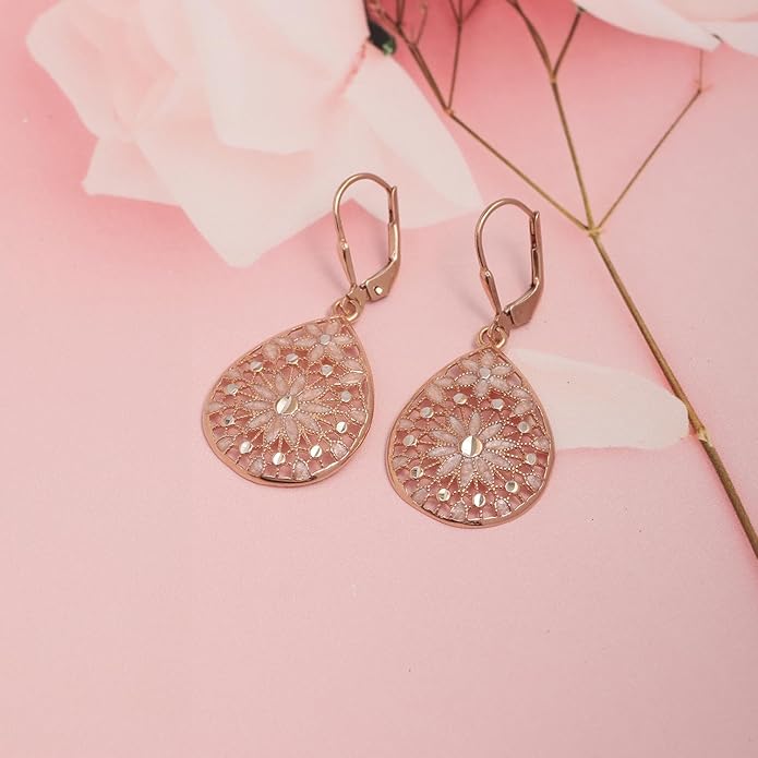 LeCalla 925 Sterling Silver Teardrop Drop Earrings for Womens | Lightweight Italian Minimalist Teardrop Filigree Earrings | Filigree Circle Drop Dangle Earrings for Women Birthday Gift